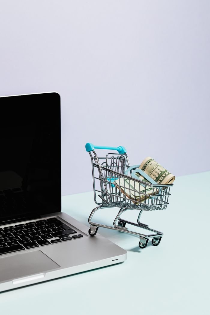 services-01 Mini shopping cart with rolled cash next to a laptop, representing online shopping.